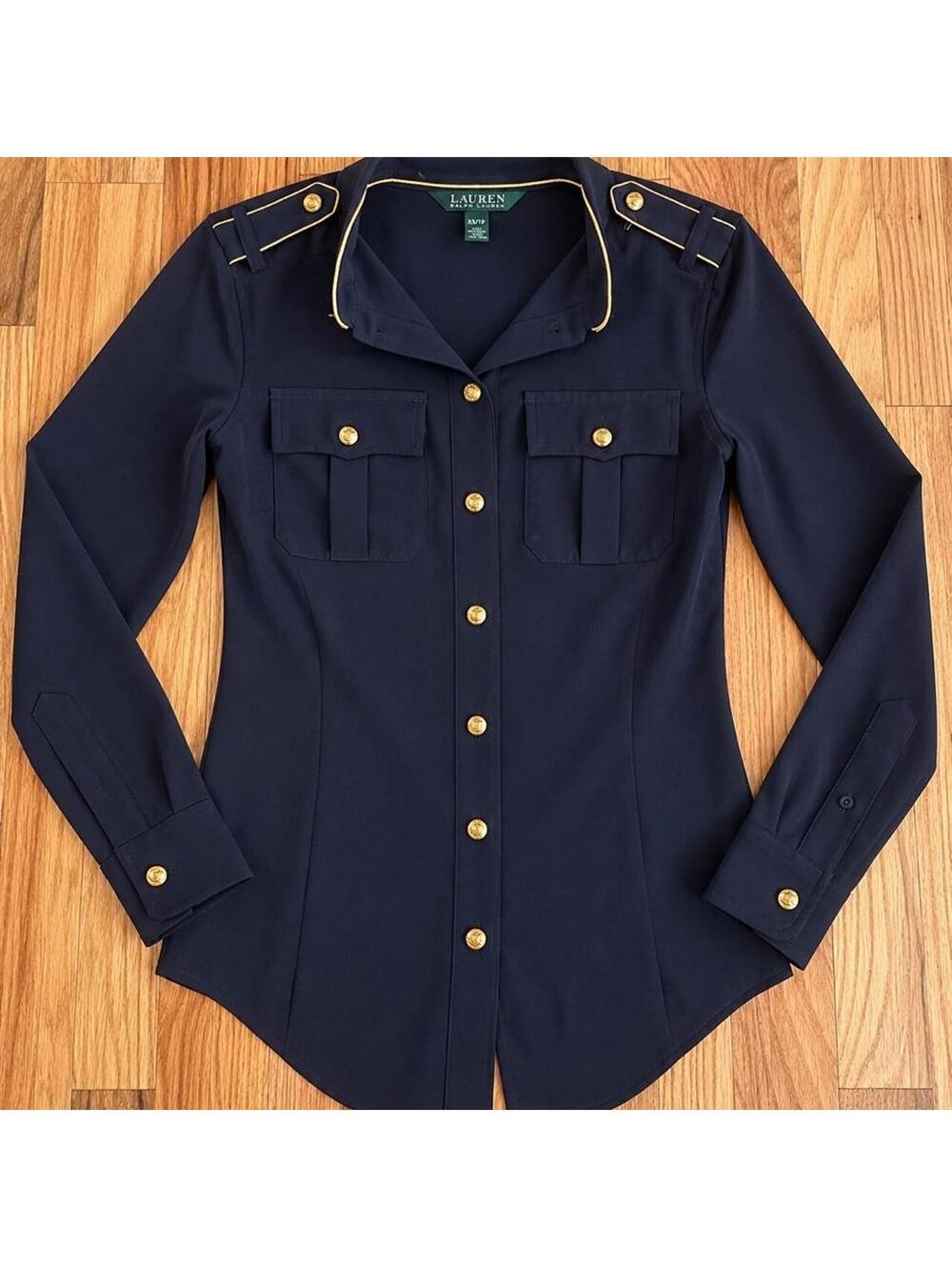 Lauren Ralph Lauren Women’s Navy Military Equestrian Shirt Gold Crest Buttons XS